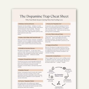 May include: A white infographic titled "The Dopamine Trap Cheat Sheet" with text explaining how to manage dopamine levels. The graphic includes sections on rebalancing the reward system, practicing a dopamine fast, and redefining reward.