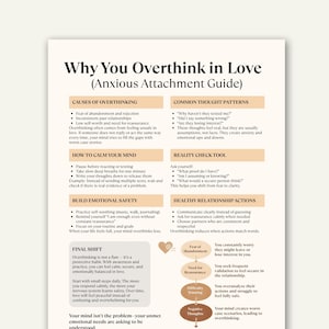 Peut inclure: Un guide blanc intitulé "Why You Overthink in Love (Anxious Attachment Guide)" avec des sections sur les causes, les schémas de pensée et les actions. Le guide utilise un schéma de couleurs beige et marron avec des puces et du texte.
