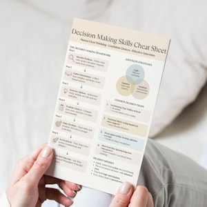 Woman holding Decision Making Skills Cheat Sheet printable in calm beige color palette, designed for mindful and confident choices.