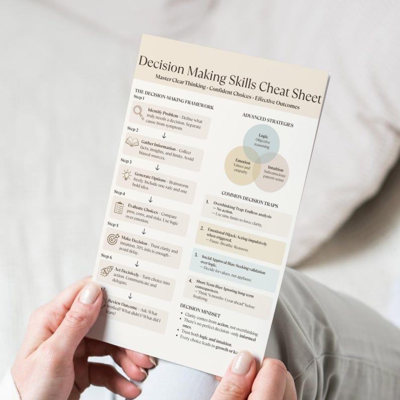 Woman holding Decision Making Skills Cheat Sheet printable in calm beige color palette, designed for mindful and confident choices.