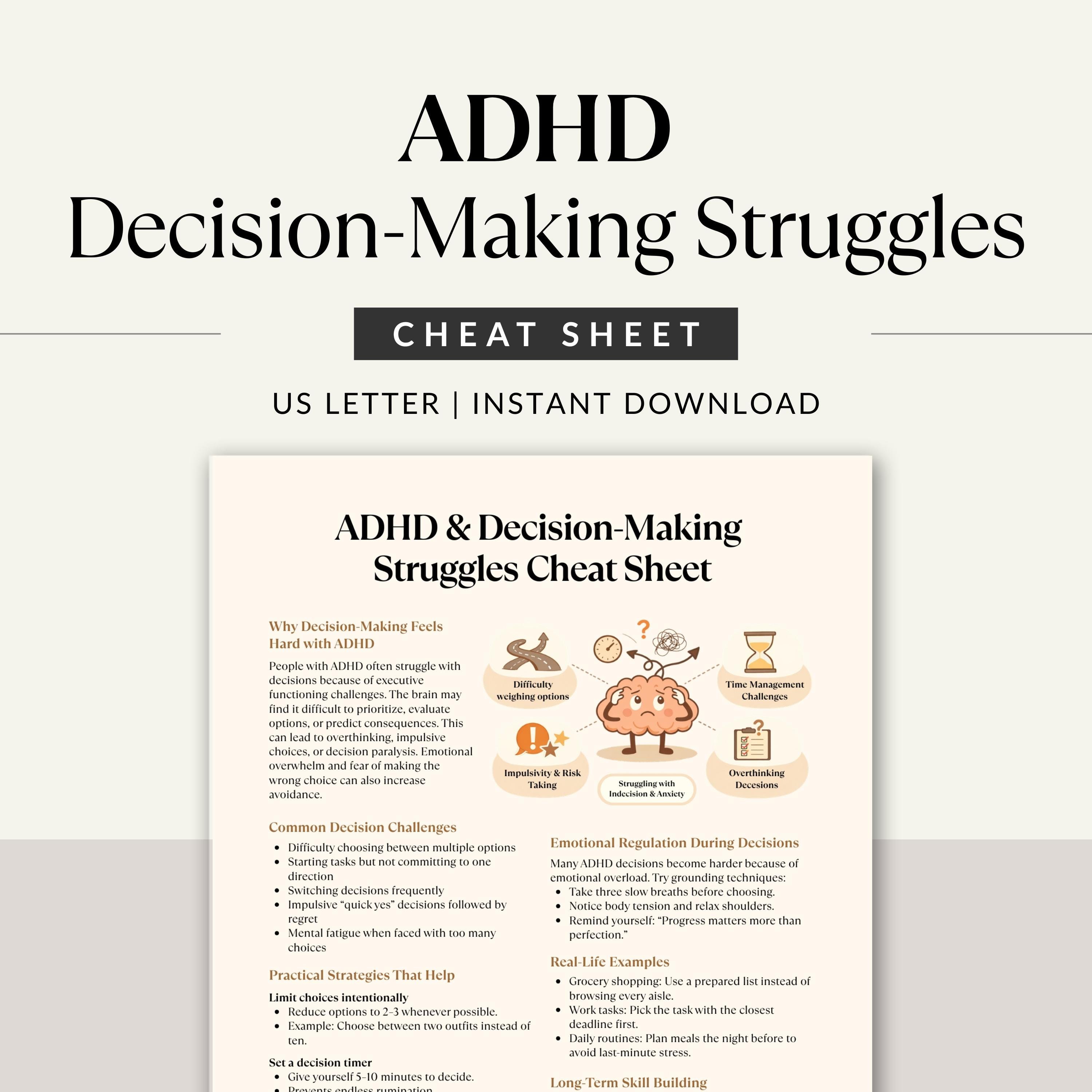 ADHD Decision-making Cheat Sheet Printable, Executive Function and ...