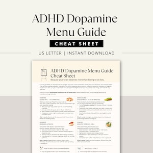 ADHD Dopamine Menu Guide instant download, US Letter size cheat sheet with focus hacks and dopamine menu for productivity.