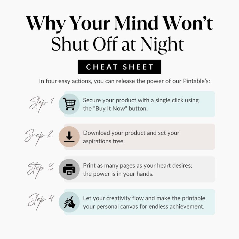 Puede incluir: Una hoja de trucos imprimible en blanco titulada "Why Your Mind Won't Shut Off at Night". Describe cuatro pasos: comprar, descargar, imprimir y crear. El texto es negro con cuadros de colores pastel.