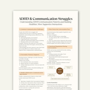 May include: A white page with the title "ADHD & Communication Struggles" and bullet points detailing communication challenges, strategies, and agreements. The text includes information on attention regulation, impulsivity, and emotional regulation.