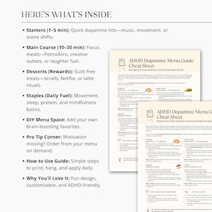 Here’s What’s Inside preview of ADHD Dopamine Menu Cheat Sheet, showing starters, main course, desserts, staples, and pro tips.