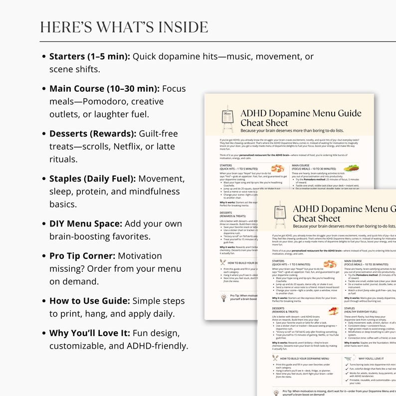 Here’s What’s Inside preview of ADHD Dopamine Menu Cheat Sheet, showing starters, main course, desserts, staples, and pro tips.