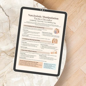 May include: A digital tablet displays a document titled "Narcissistic Manipulation Tactics Decoder." The document outlines tactics like gaslighting and love bombing, with sections on common signs and strategies. The tablet is on a light-colored, textured surface.