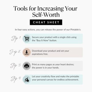 Four-step infographic showing how to download, print, and use Trauma to Thrive Self-Worth printable worksheet — clean design with icons for shopping, download, print, and creativity.