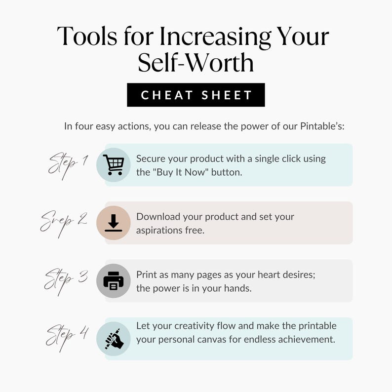 Four-step infographic showing how to download, print, and use Trauma to Thrive Self-Worth printable worksheet — clean design with icons for shopping, download, print, and creativity.