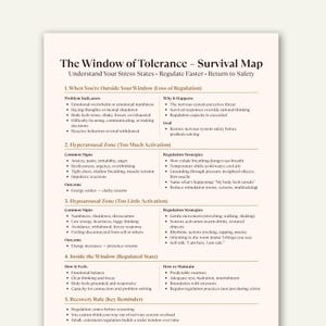 Könnte beinhalten: Ein weißes Papier mit dem Titel "The Window of Tolerance - Survival Map". Das Dokument umreißt Stresszustände, Regulierungsstrategien und Erholungsregeln. Der Text enthält Problemindikatoren und häufige Anzeichen.