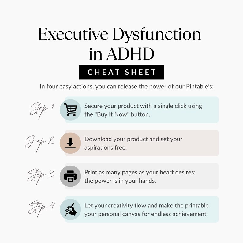 May include: A printable cheat sheet titled "Executive Dysfunction in ADHD." The image features four steps with icons and text: secure product, download, print, and create. The background is white with pastel-colored boxes.