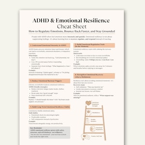 May include: A white sheet with the title "ADHD & Emotional Resilience Cheat Sheet". It provides guidance on managing emotions, including sections on understanding, regulation, recovery, and building habits. Includes bullet points.