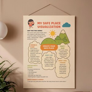 Puede incluir: Un p&oacute;ster titulado "MY SAFE PLACE VISUALIZATION" con ilustraciones de un sol, monta&ntilde;as y nubes. El p&oacute;ster proporciona orientaci&oacute;n sobre la creaci&oacute;n de un espacio seguro, incluyendo detalles sensoriales y una frase de seguridad. La paleta de colores incluye naranja, verde y azul.