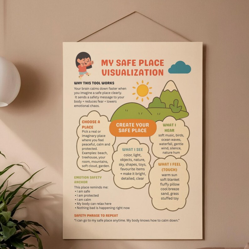 Puede incluir: Un p&oacute;ster titulado "MY SAFE PLACE VISUALIZATION" con ilustraciones de un sol, monta&ntilde;as y nubes. El p&oacute;ster proporciona orientaci&oacute;n sobre la creaci&oacute;n de un espacio seguro, incluyendo detalles sensoriales y una frase de seguridad. La paleta de colores incluye naranja, verde y azul.