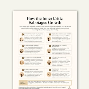 Puede incluir: Una infograf&iacute;a educativa titulada How the Inner Critic Sabotages Growth. Presenta ocho puntos numerados con iconos y texto que explican c&oacute;mo la autocr&iacute;tica crea barreras mentales, limita el potencial y obstaculiza el desarrollo personal.