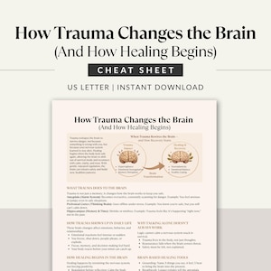 May include: A cheat sheet titled "How Trauma Changes the Brain (And How Healing Begins)". The document includes text and diagrams explaining the impact of trauma on the brain and recovery strategies. It is a US Letter size and available for instant download.