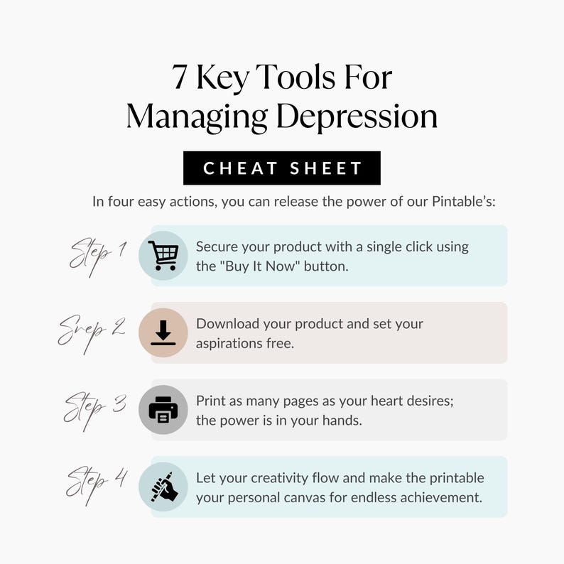 Instructions graphic showing how to download and use the Depression Tools printable cheat sheet, instant digital download steps.