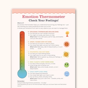 May include: An emotion thermometer chart with a thermometer graphic and text. The chart explains how to understand and manage feelings, ranging from calm to overwhelmed. Includes zones like "Cool Zone" and "Boiling Zone" with coping strategies.