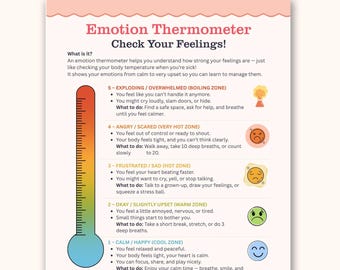 May include: An emotion thermometer chart with a thermometer graphic and text. The chart explains how to understand and manage feelings, ranging from calm to overwhelmed. Includes zones like "Cool Zone" and "Boiling Zone" with coping strategies.