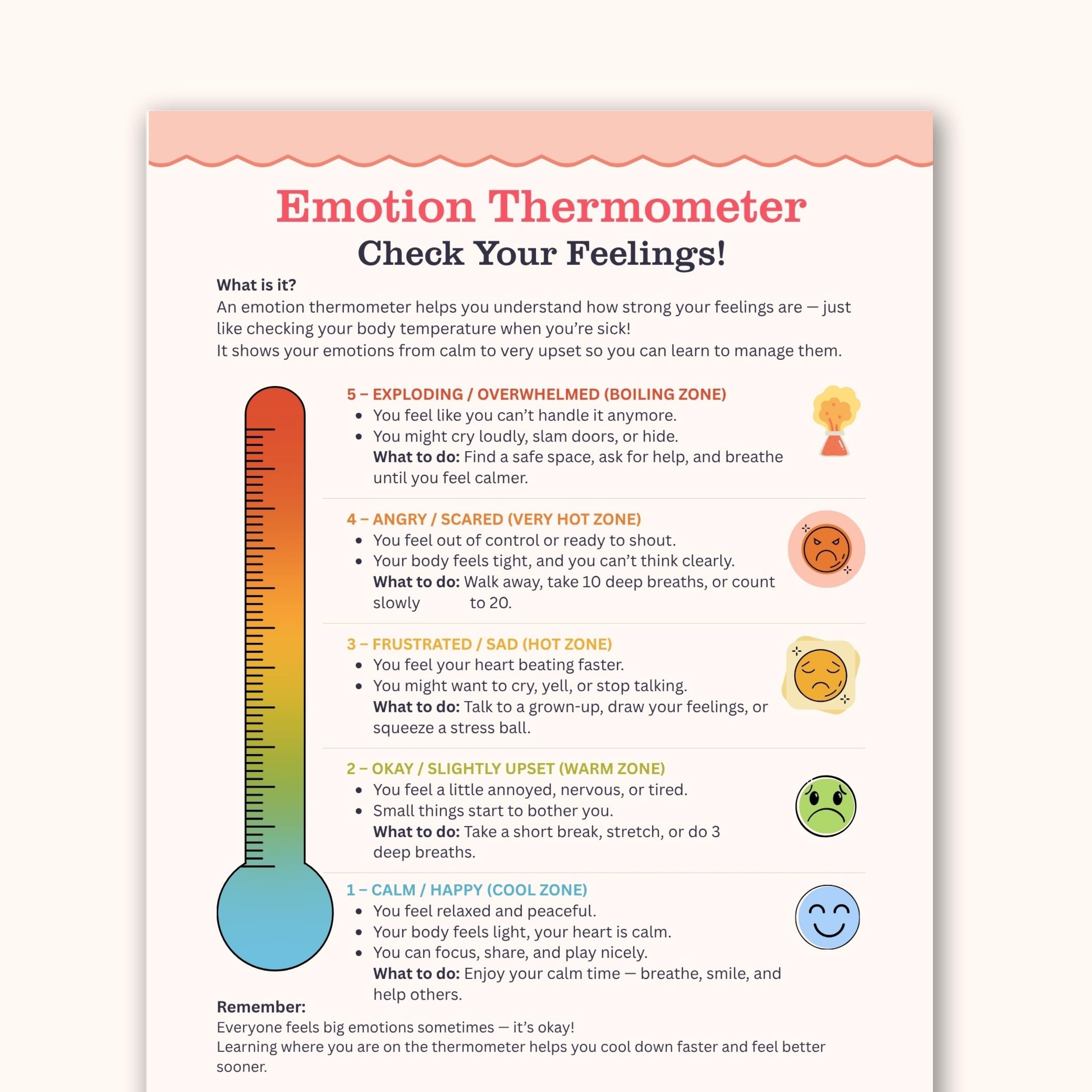 Emotion Thermometer for Kids, SEL Emotional Regulation Printable, Calm ...