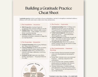 Building a Gratitude Practice Cheat Sheet, Mindfulness Printable, Self Care and Therapy Healing Tool