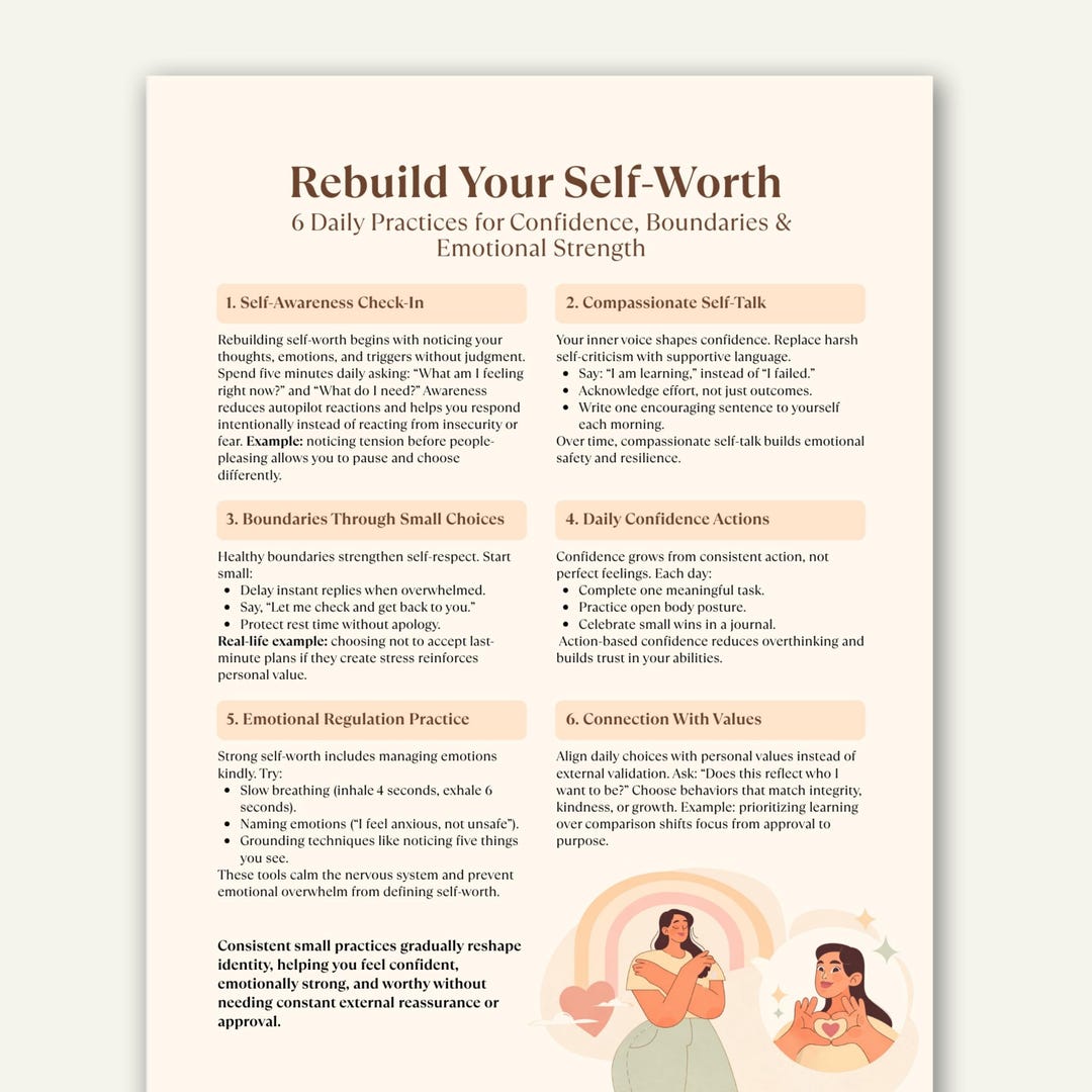 Rebuild Your Self Worth Cheat Sheet Printable, Confidence, Boundaries ...