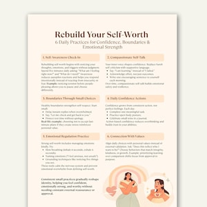 May include: A cream-coloured infographic titled "Rebuild Your Self-Worth" detailing six daily practices for confidence, boundaries, and emotional strength. The graphic includes text and illustrations of two women, a rainbow, and hearts.