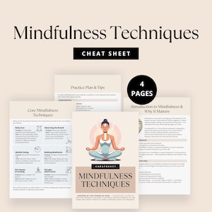 Op de afbeelding: Een mindfulness technieken cheat sheet met de titel "Mindfulness Techniques". De cheat sheet bevat secties over kerntechnieken, oefenplannen en een introductie tot mindfulness. De afbeelding toont een mediterende vrouw.