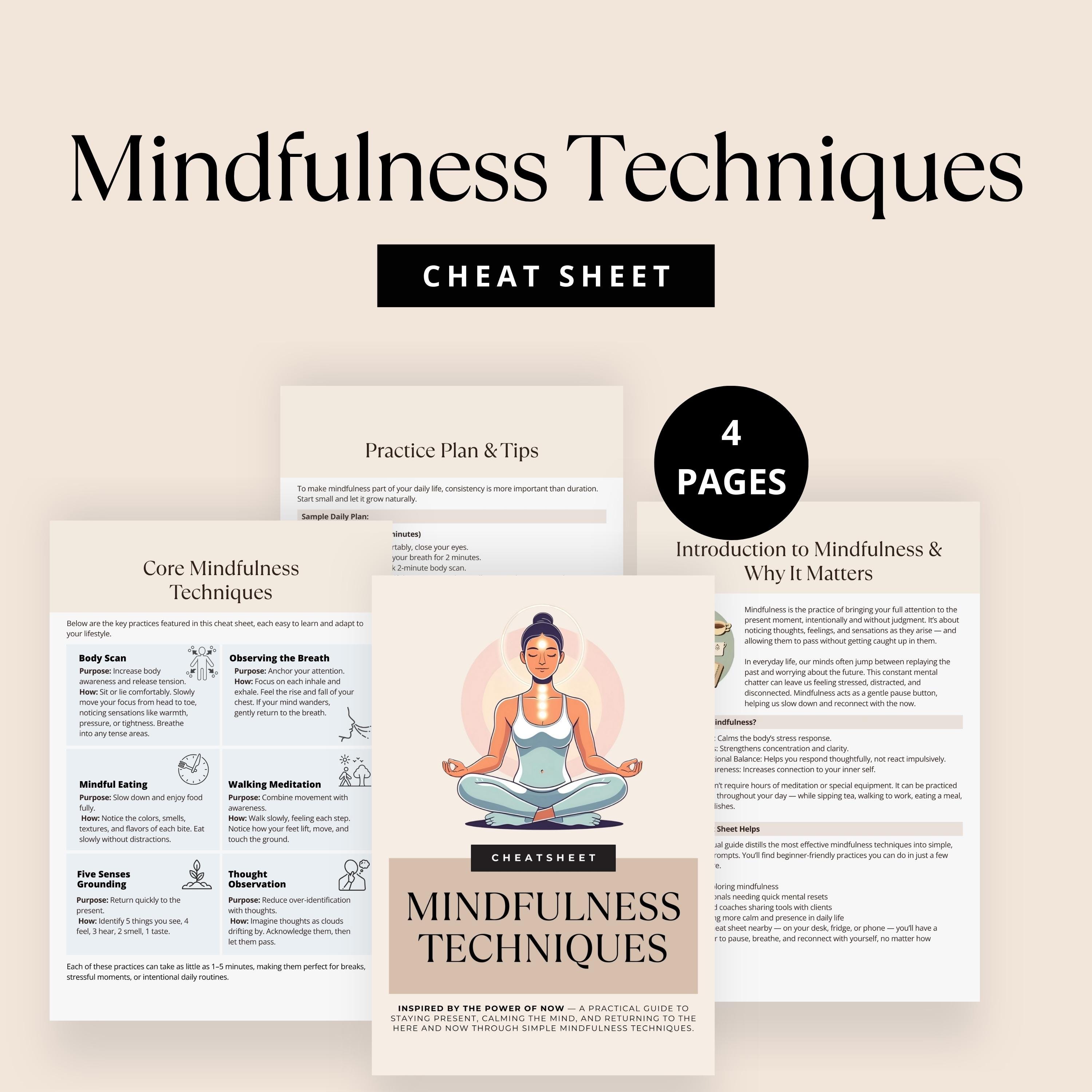 Mindfulness Techniques Cheat Sheet, Meditation and Stress Relief Printable, Daily Calm Self Care ...