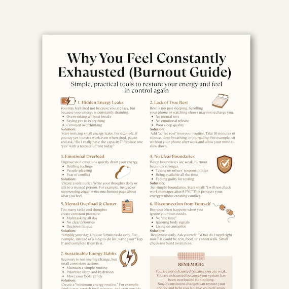 Burnout Recovery Cheat Sheet, Why You Feel Exhausted, Mental Health Printable, Self Care Guide