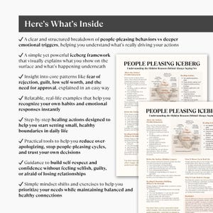 Op de afbeelding: Een wit en grijs grafisch ontwerp met de titel "Here's What's Inside" en opsommingstekens die de inhoud beschrijven. De afbeelding bevat ook de titel "People Pleasing Iceberg" en een diagram dat het concept illustreert.
