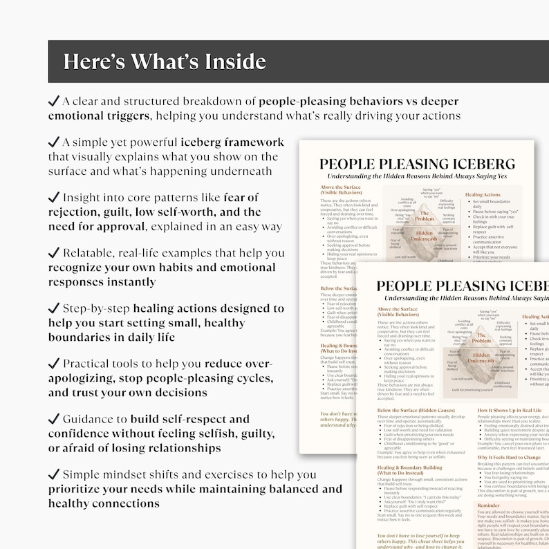 Op de afbeelding: Een wit en grijs grafisch ontwerp met de titel "Here's What's Inside" en opsommingstekens die de inhoud beschrijven. De afbeelding bevat ook de titel "People Pleasing Iceberg" en een diagram dat het concept illustreert.