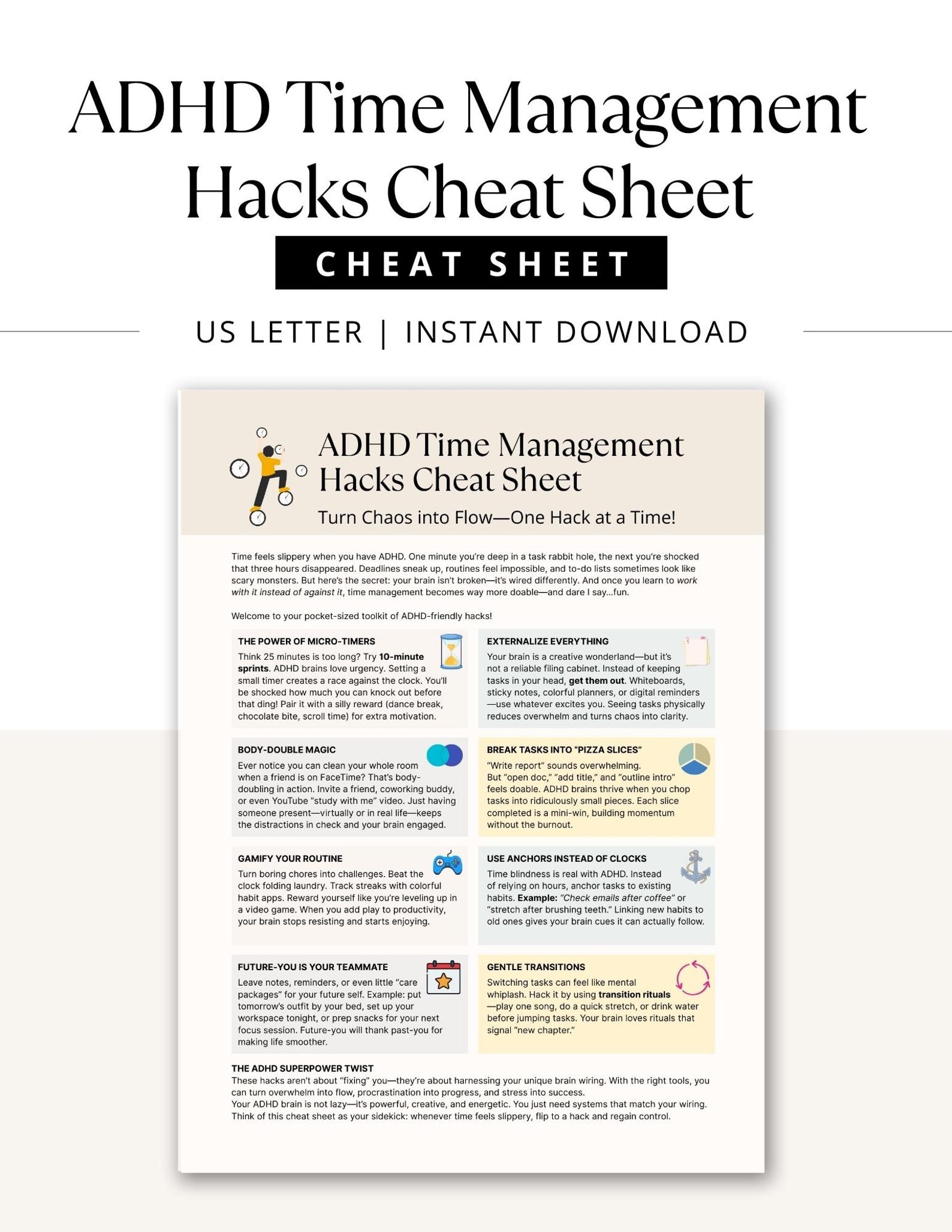 ADHD Time Management Hacks Cheat Sheet, Productivity and Focus ...