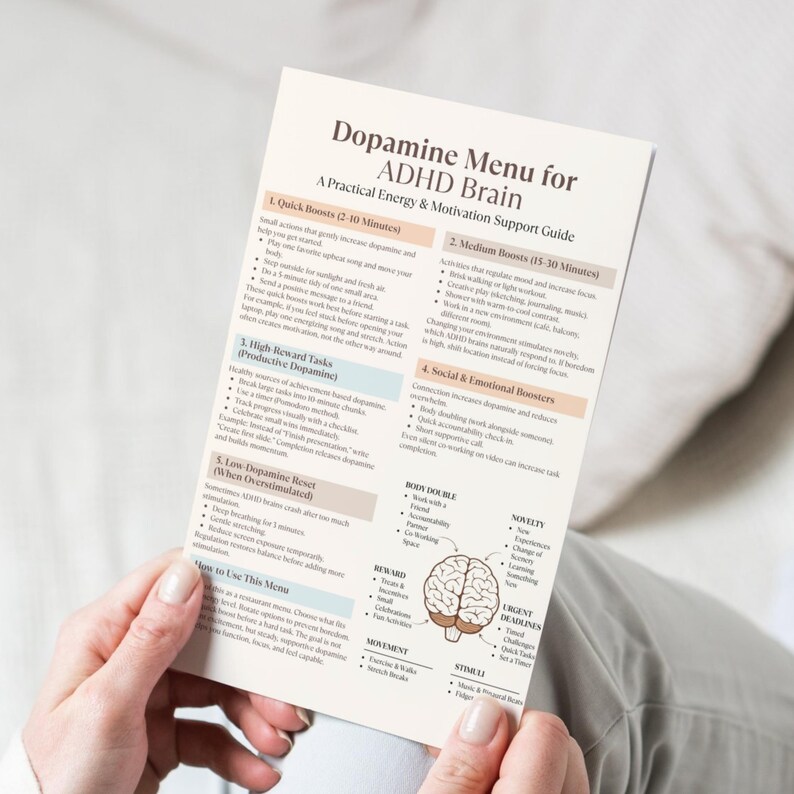 May include: A white paper titled "Dopamine Menu for ADHD Brain" is held in a person's hands. The guide lists strategies for energy and motivation, including quick boosts, medium boosts, and reward tasks. The paper has a brain diagram.