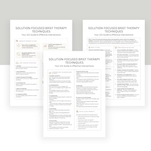 May include: Three white printed guides titled "SOLUTION-FOCUSED BRIEF THERAPY TECHNIQUES" and "Your 101 Guide to Effective Interventions". The guides contain text and bullet points about therapy techniques.
