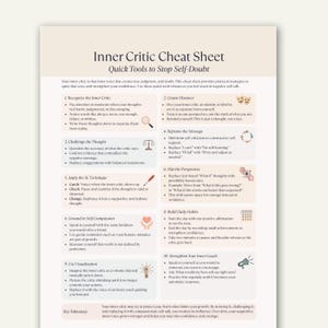 Puede incluir: Una hoja de trucos crema titulada "Inner Critic Cheat Sheet" con estrategias para detener la duda. La hoja incluye pasos numerados con viñetas y pequeñas ilustraciones, que ofrecen herramientas rápidas para la superación personal y el bienestar mental.