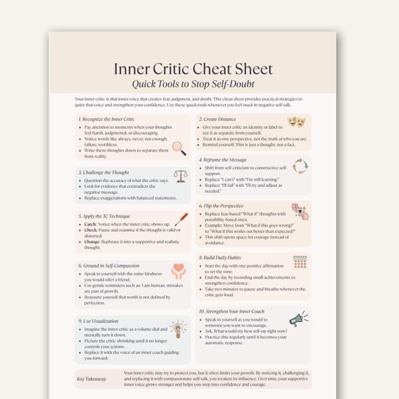 Inner Critic Cheat Sheet, Reframe Negative Thoughts Worksheet, Printable Mental Health Resource Tool