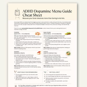 Op de afbeelding: Een witte en groene ADHD Dopamine Menu Guide Cheat Sheet. De gids biedt tips om de focus en energie te stimuleren, met secties over voorgerechten, hoofdgerechten, desserts en basisvoedsel. De tekst is in zwarte letters.