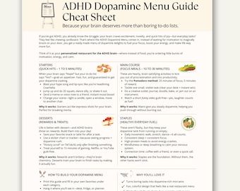 Hoja de referencia del menú de dopamina para el TDAH, cuadro del sistema de recompensa de dopamina, guía imprimible de motivación y concentración