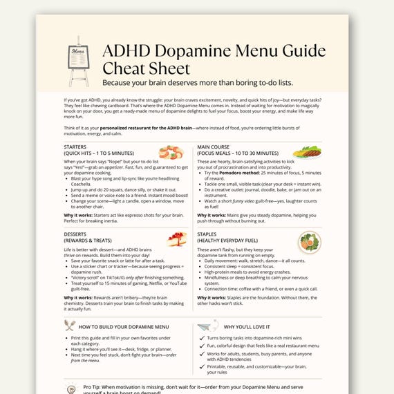 ADHD Dopamine Menu Cheat Sheet, Dopamine Reward System Chart, Motivation and Focus Guide Printable
