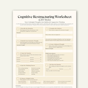 Puede incluir: Una hoja de trabajo de reestructuración cognitiva (estilo TCC) impresa en una página de color beige claro. El documento presenta ocho secciones numeradas con indicaciones para describir situaciones, identificar pensamientos y emociones.