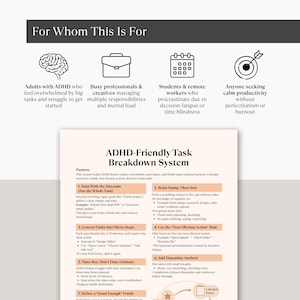 May include: A white and beige infographic titled "ADHD-Friendly Task Breakdown System." The graphic is designed to help people with ADHD, busy professionals, students, and those seeking productivity. It includes text and icons for each step.