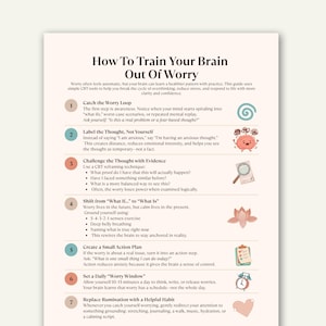 Può includere: Un documento bianco intitolato "Come allenare il tuo cervello a uscire dalla preoccupazione" con sette passaggi per gestire l'ansia. La guida include illustrazioni di un cervello, una lente d'ingrandimento, un fiore di loto e un orologio.