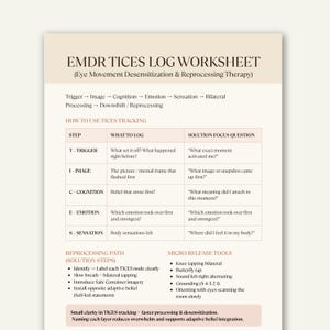 Może przedstawiać: Arkusz roboczy zatytułowany "EMDR TICES LOG WORKSHEET" dla terapii odwrażliwiania i przetwarzania za pomocą ruchów gałek ocznych. Dokument zawiera kroki, co rejestrować, pytania skupione na rozwiązaniu i narzędzia do mikrouwalniania.