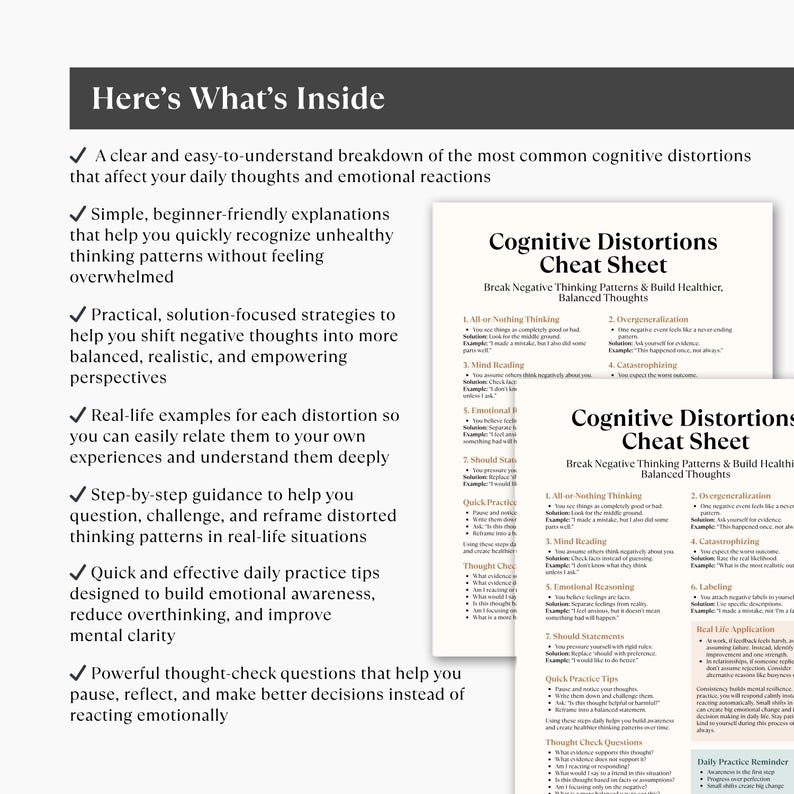 Cognitive Distortions Cheat Sheet Printable, CBT Worksheet, Mental ...