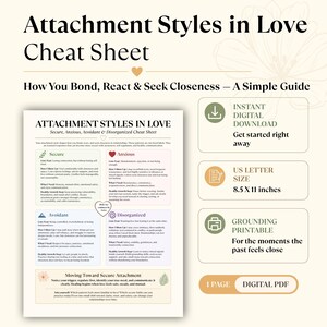 Op de afbeelding: Een digitaal spiekbriefje getiteld Attachment Styles in Love, met details over veilige, angstige, vermijdende en gedesorganiseerde hechtingsstijlen. Het document meet 21,59 bij 27,94 cm en bevat secties over kernangsten, gedrag en behoeften.