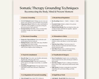 Técnicas de conexión a tierra de terapia somática (imprimibles), hoja de referencia para terapeutas de sanación de traumas y regulación del sistema nervioso.