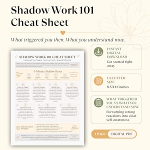 Puede incluir: Una hoja de trucos digital Shadow Work 101 que incluye una guía de reinicio de 5 minutos, indicaciones para el diario y ejercicios de autoconciencia. El diseño presenta texto e iconos en una página de 21,59 x 27,94 cm en formato PDF.