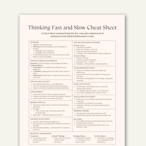 May include: A white cheat sheet titled "Thinking Fast and Slow Cheat Sheet" summarizing key concepts from Daniel Kahneman's work. The sheet is divided into sections including "Overview," "Cognitive Biases," and "Practical Applications."