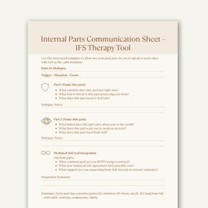 Puede incluir: Una plantilla beige de la Hoja de Comunicación de Partes Internas - Herramienta de Terapia IFS. La plantilla incluye indicaciones para el diálogo interno, centrándose en las emociones, creencias y objetivos. El texto incluye "Desencadenante/Situación/Evento" e "Integración Mediada Dirigida por el Yo".